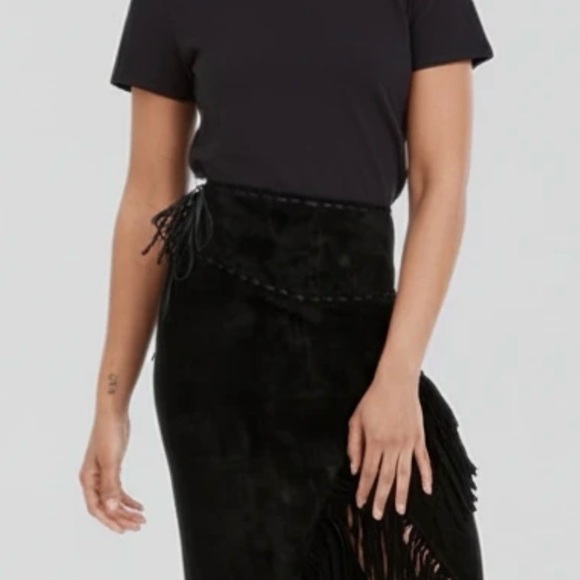 NWT SCULLY boho suede leather fringe midi wrap skirt in black size large - Picture 2 of 10